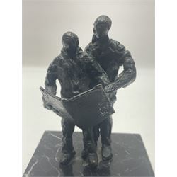 20th century bronze sculpture, modelled as two figures reading, upon a black and white marble base, H14cm