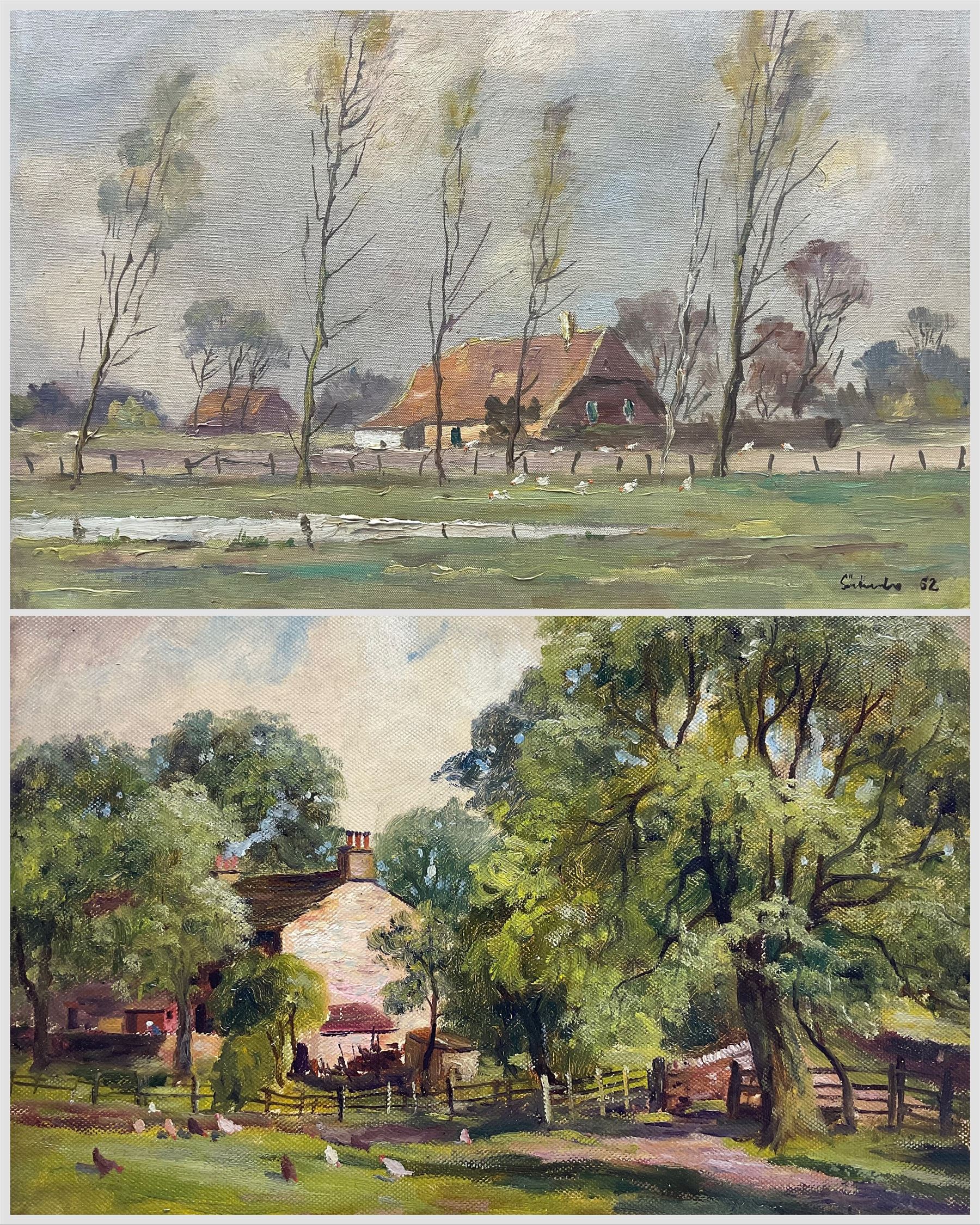 Continental School (20th Century): Chickens Grazing on the Farm, two oils by different hands one indistinctly signed and dated '52, 29cm x 40cm 