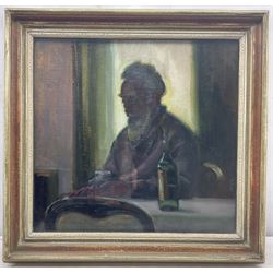 Olive Bagshaw (Northern British fl.1965-1978): Old Man Drinking, oil on canvas board unsigned, inscribed verso 46cm x 48cm 
Provenance: from the Artist's Studio Sale. Miss Bagshaw who was born in Salford, received her formal art training at Salford and Manchester Art School. Her work has been regularly accepted at the Royal Society of Portrait Painters, the Royal Academy and Federation of British Artists (Information from a 1970's Monks Hall Museum and Gallery exhibition catalogue).