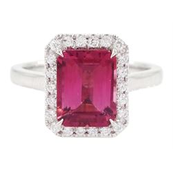 18ct white gold emerald cut tourmaline and round brilliant cut diamond cluster ring, hallmarked, tourmaline approx 2.45, total diamond weight approx 0.20 carat