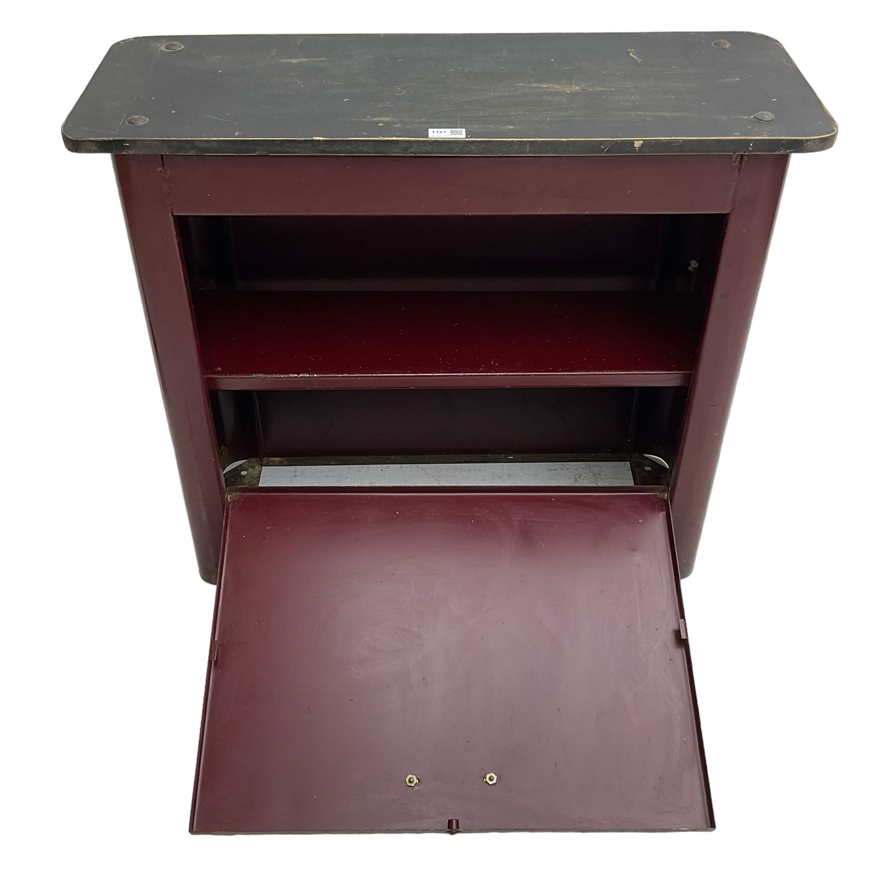 The Coronet Tool Co. Derby - early to mid-20th century maroon finish industrial metal workshop cabinet, fall front door enclosing a single shelf, fitted with brass handle