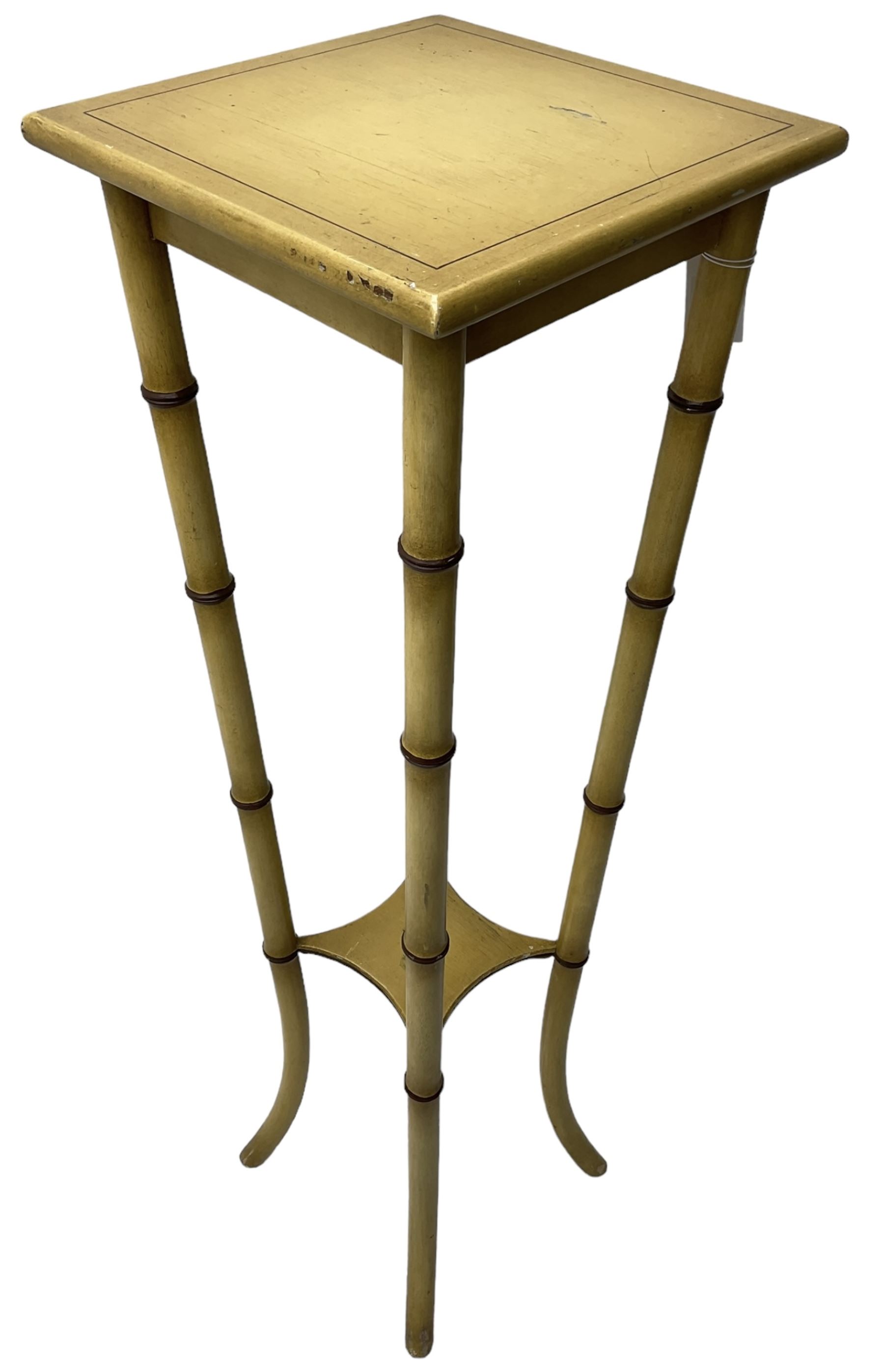 Simulated bamboo torchère or plant stand, square top on splayed simulated bamboo supports united by undertier 