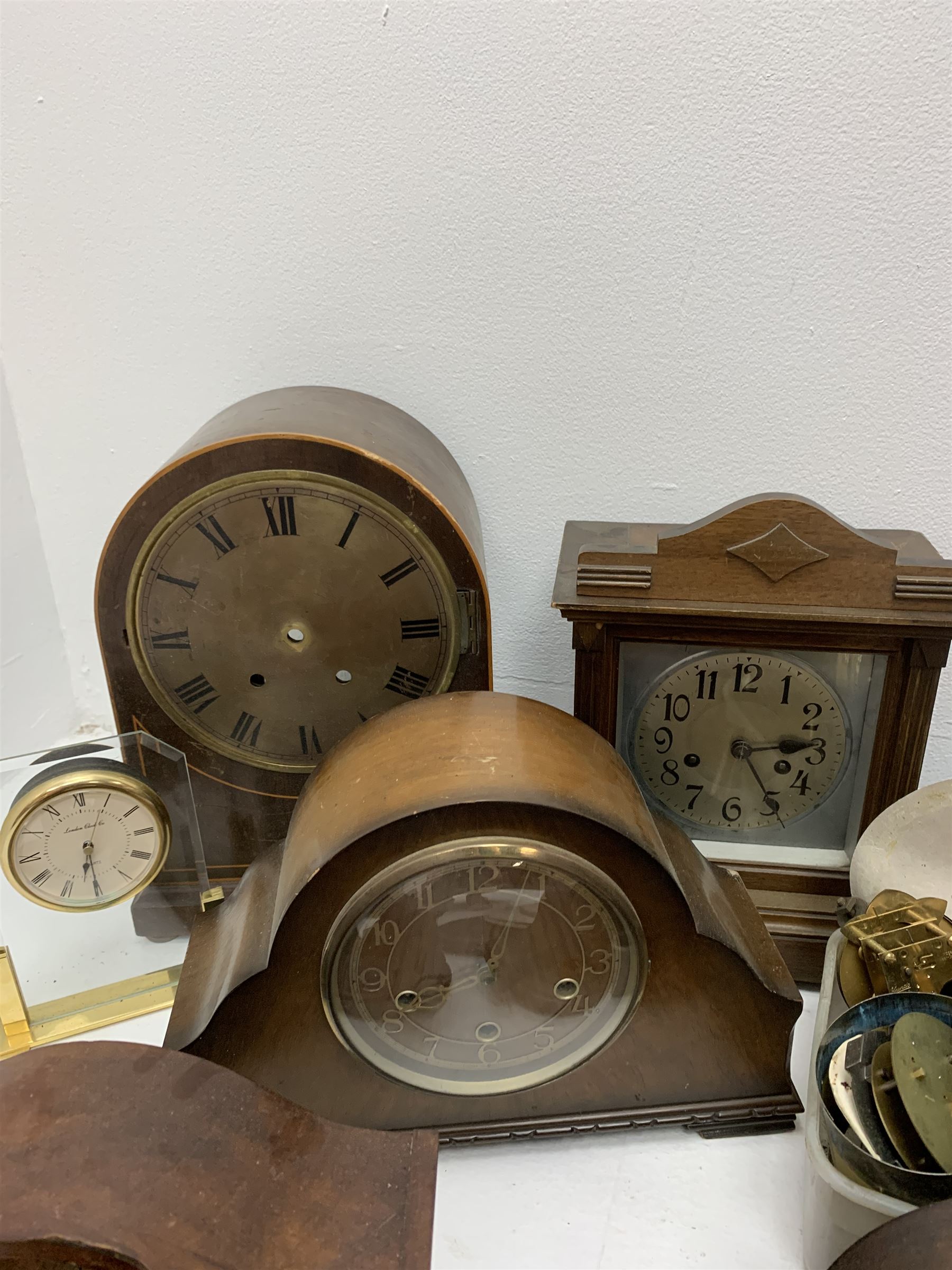 Collection of clock and watch parts - various cases some with movement, ebonised and marble plinths, various clock movements, clock dials, bezels, watches and watch parts etc... in two boxes