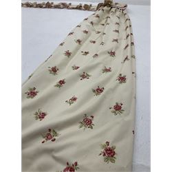 Pair lined curtains with floral field with pelmet and tie backs (W190cm, D174cm)
