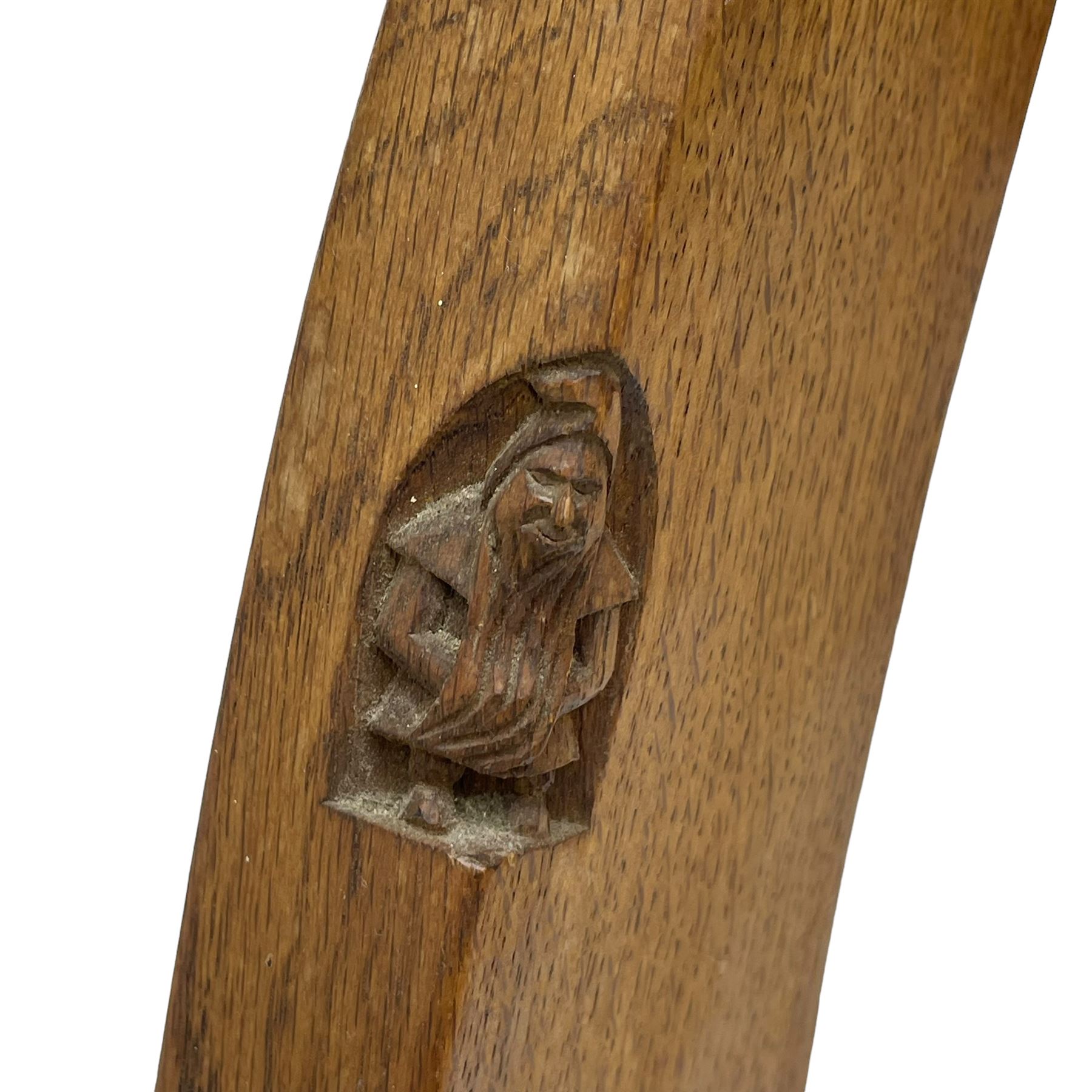 Gnomeman - two oak spinning or hall chairs, shaped splat backs, one carved with Yorkshire Rose, the other with mythical dragon, decagon seats on chamfered square tapering supports, each carved with gnome signature, by Thomas Whittaker, Littlebeck