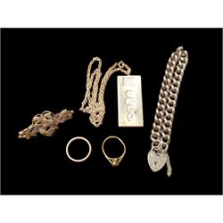 Two 9ct gold rings, silver ingot, silver curb link bracelet and a silver Victorian brooch