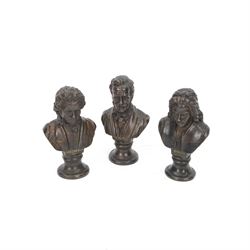 Three small bronze effect brass busts, modelled as composers Beethoven, Bach, and Wagner, ...