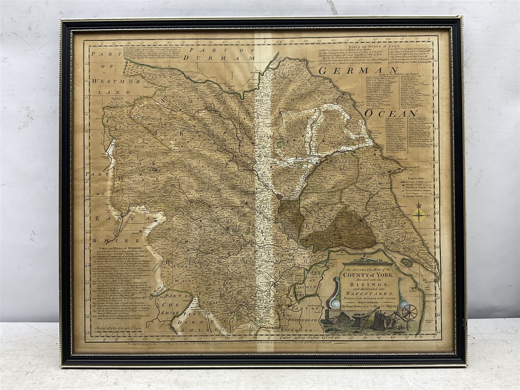 Emanuel Bowen (British 1694-1767): 'An Accurate Map of the County of York Divided into its Ridings and Subdivided into Wapontakes', 18th/19th century engraved map with some hand-colour 44cm x 52cm