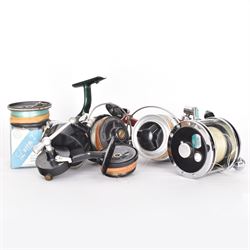 Four fishing reels, Winfield Beach fisher rod, Winfield International 20 , DAM International etc 