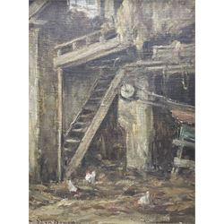 Owen Bowen (Staithes Group 1873-1967): 'Old Barn Interior - Wentworth Woodhouse', oil on b...