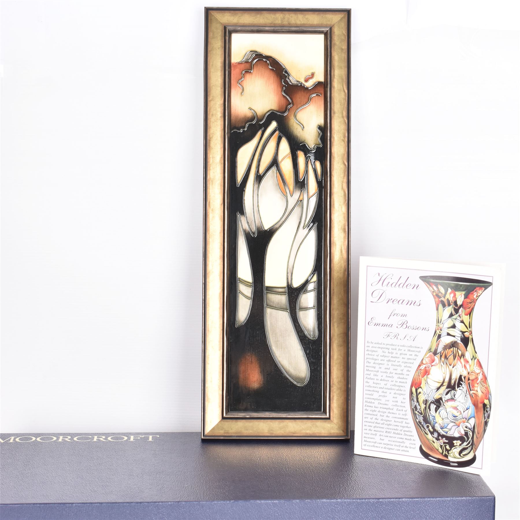 Moorcroft framed plaque, of rectangular form, decorated in the La Garenne pattern by Emma Bossons, circa 2005, signed by Emma Bossons, with original box, H47cm