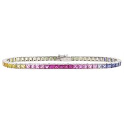 18ct white gold channel set multicoloured sapphire bracelet, sixty-one princess cut sapphires, various hues including blue, pink, green, yellow and teal, London 2004