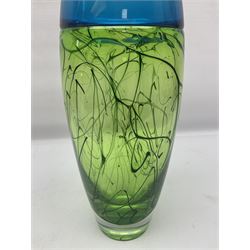 Stuart Akroyd glass vase, blue banded top and lime green lower section with free flowing line decoration, with sticker and engraved signature beneath, H29.5cm