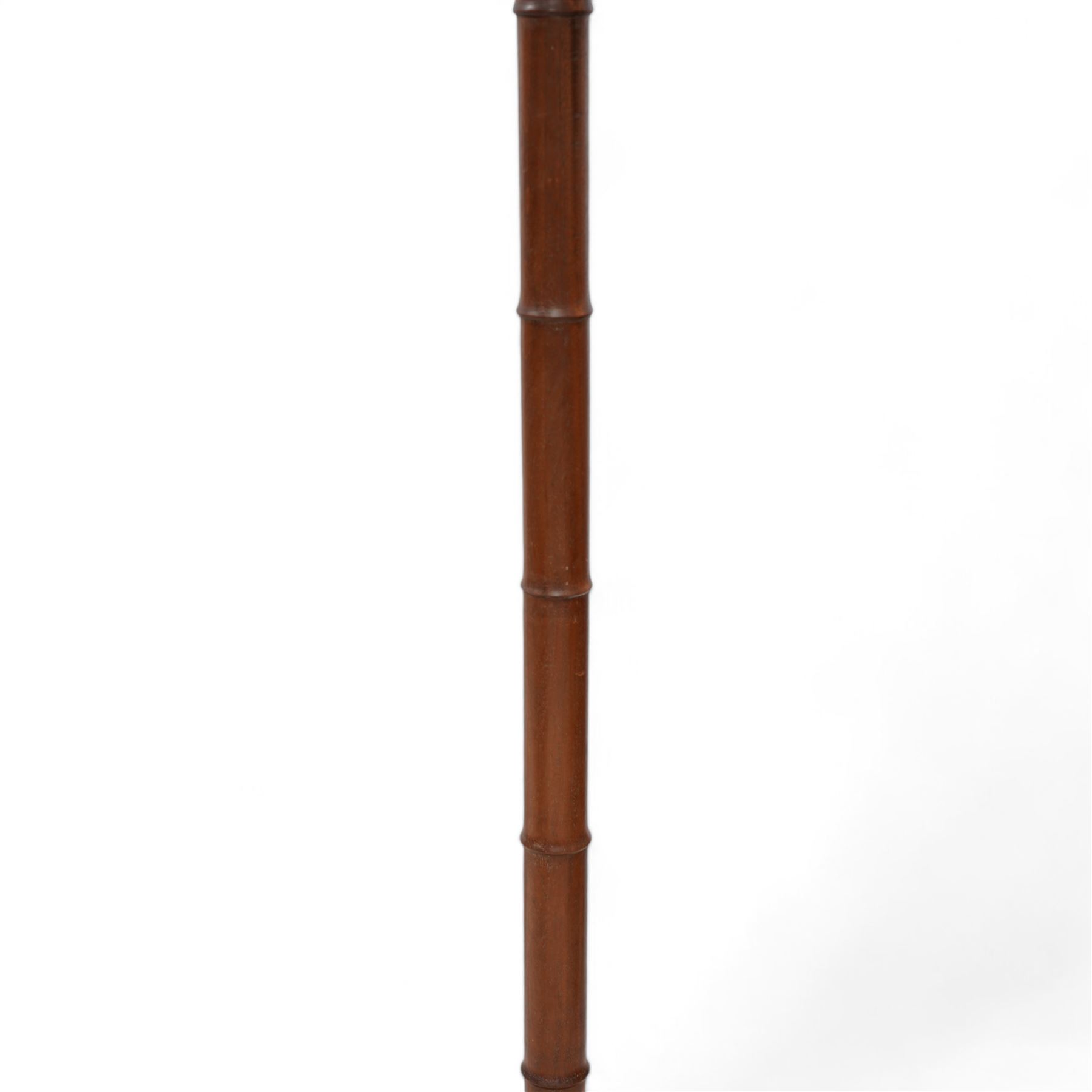 Hardwood simulated bamboo standard lamp, on stepped circular base, with blue pleated shade 