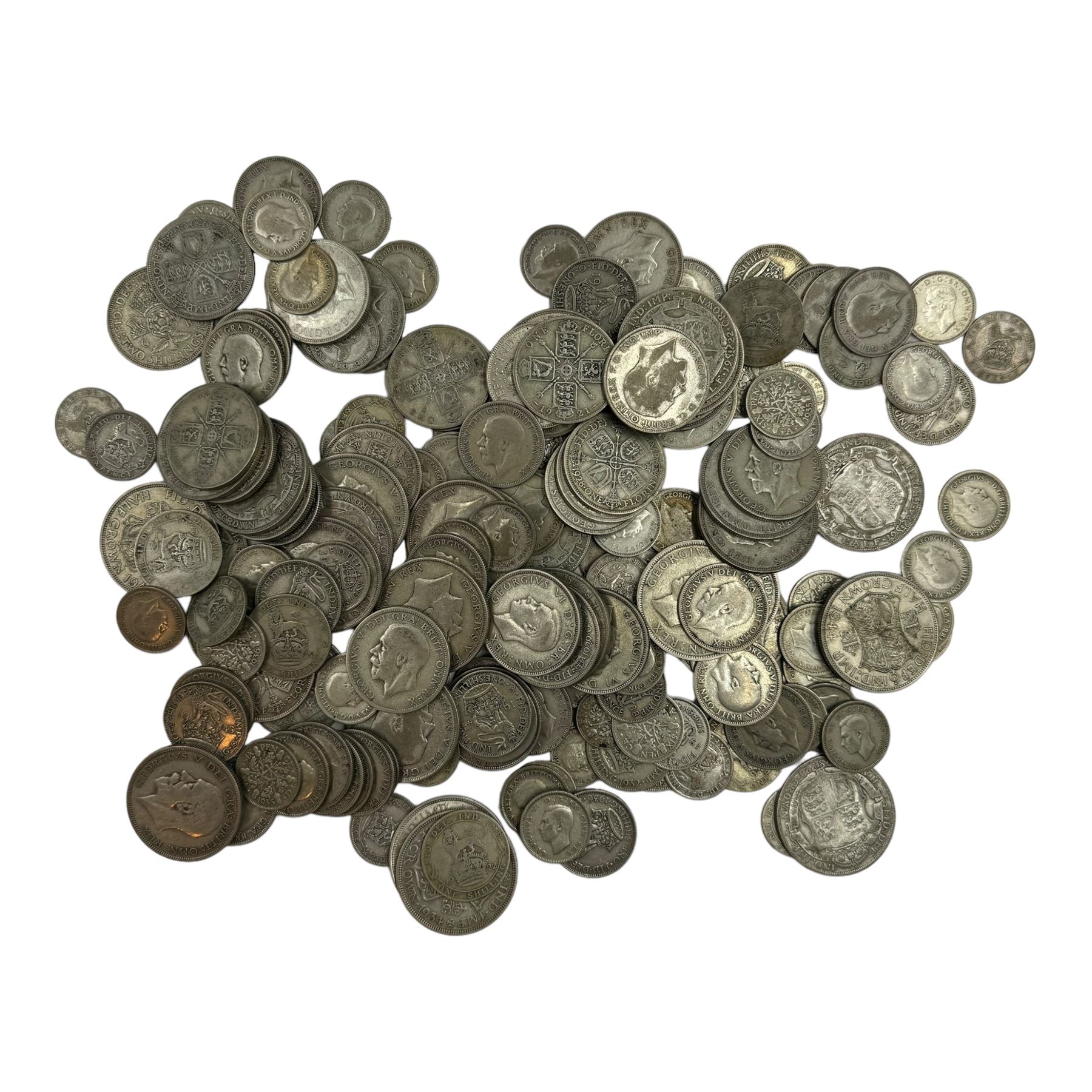 Approximately 1170 grams of Great British pre 1947 silver coins, including sixpences, one shillings, florins etc