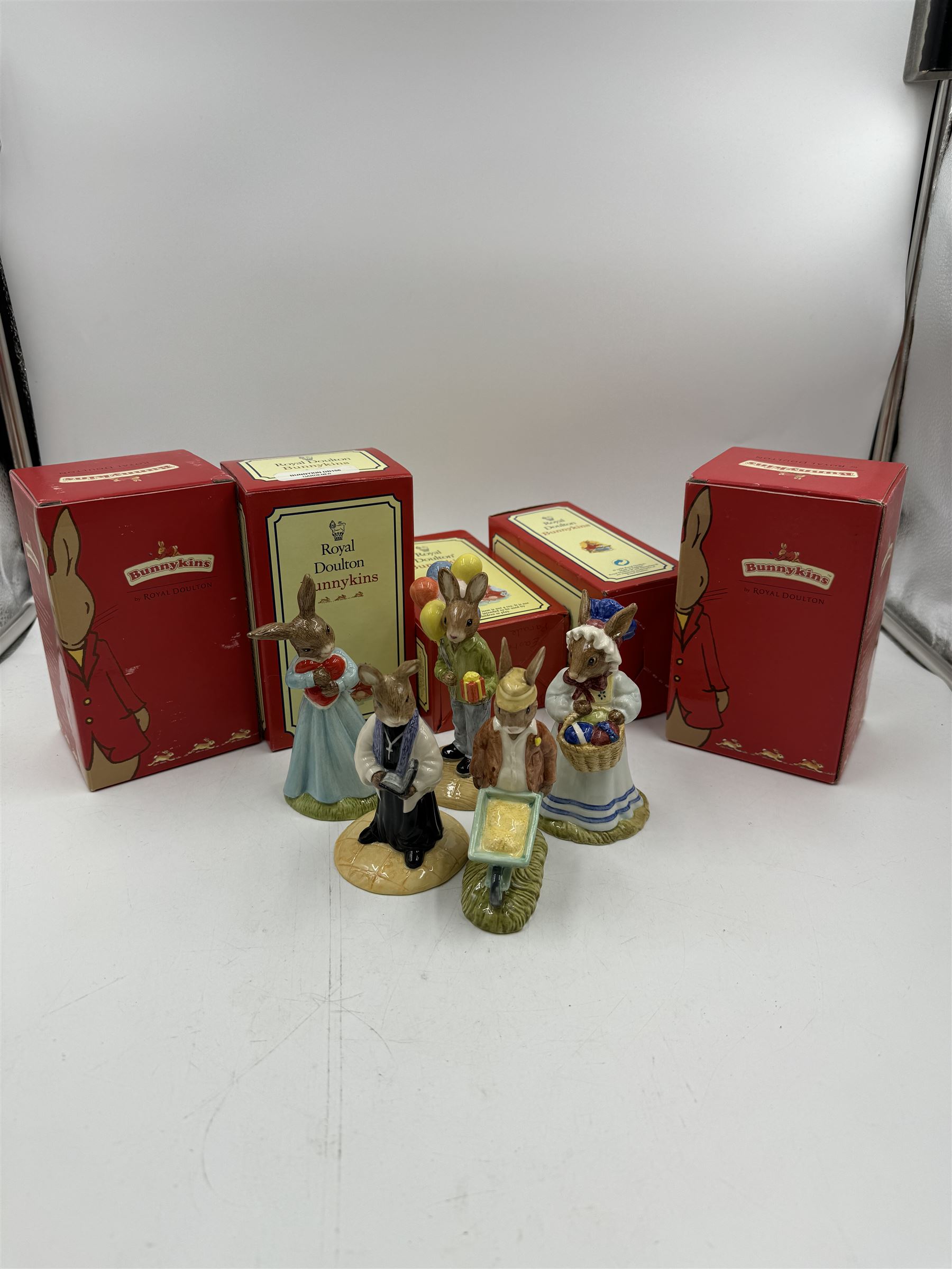 Five Royal Doulton Bunnykins, comprising Love Heart, Congratulations, Gardener, Vicar and Easter Parade all with original boxes 