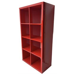 Modern red lacquered bookcase or shelving unit, with eight evenly divided compartments, finished in a high-gloss lacquer