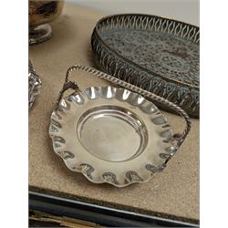 Silver plated bowl, with engraved decoration and cast rim, two silver plated baskets and a pierced tray