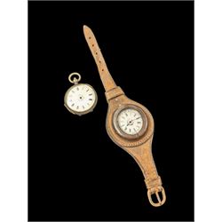 Two continental silver fob watches with enamel dials, one stamped 800, one stamped 935 and...