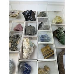 Collection of twenty-three mineral specimens, including orange calcite, realgar, conichalcite etc 
