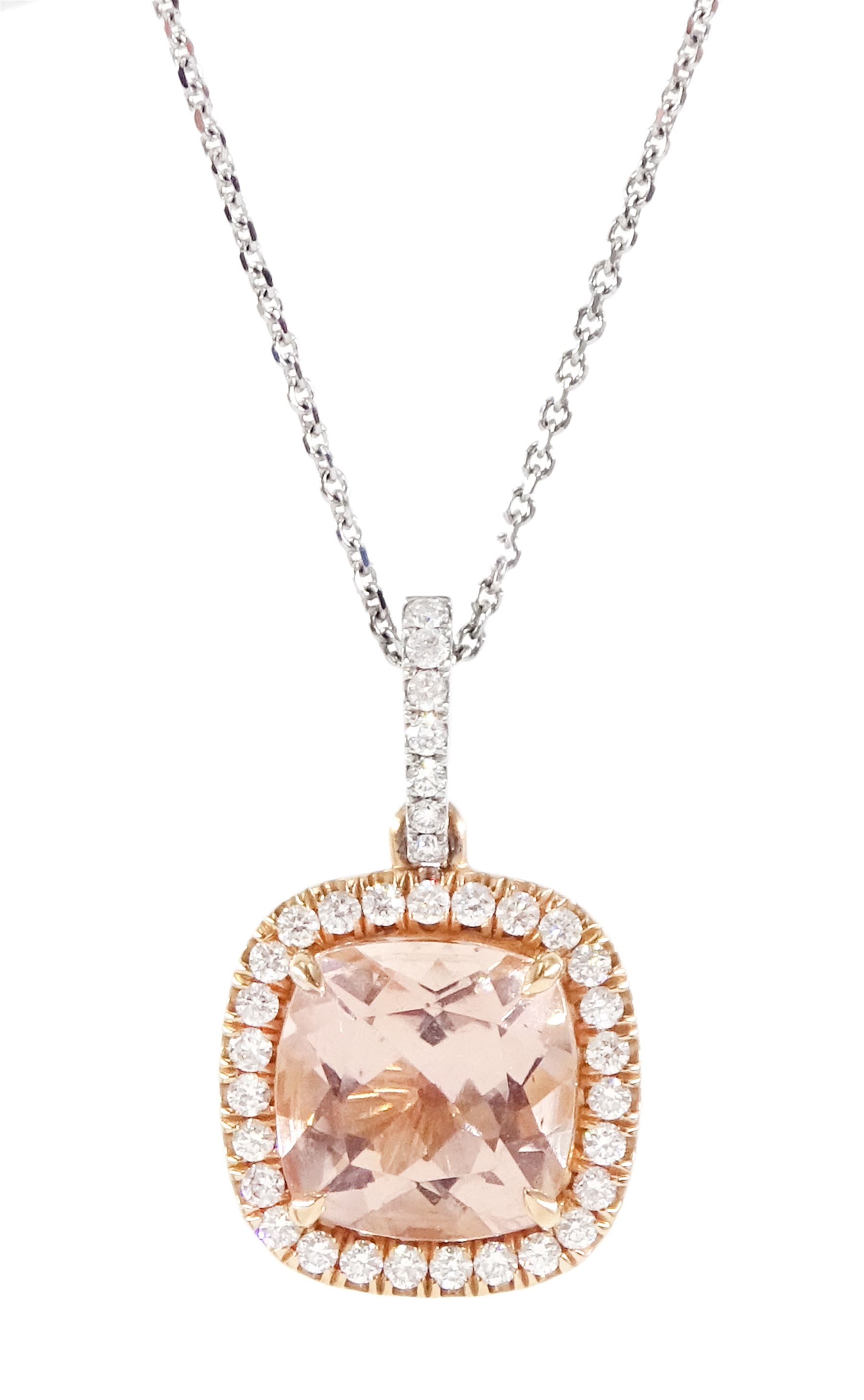 18ct white and rose gold cushion cut morganite and round brilliant cut diamond pendant, with diamond set bail, hallmarked, on 18ct white gold trace link chain necklace, stamped 750, morganite approx 3.65 carat, total diamond weight approx 0.35 carat