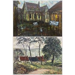 Jane Sand (British 20th Century): 'The Old Pumping Station - North Lane, Leeds', oil on panel unsigned, titled and dated 1993 verso; English School (Mid 20th Century): Farmhouses, oil on board indistinctly signed max 69cm x 91cm (2)