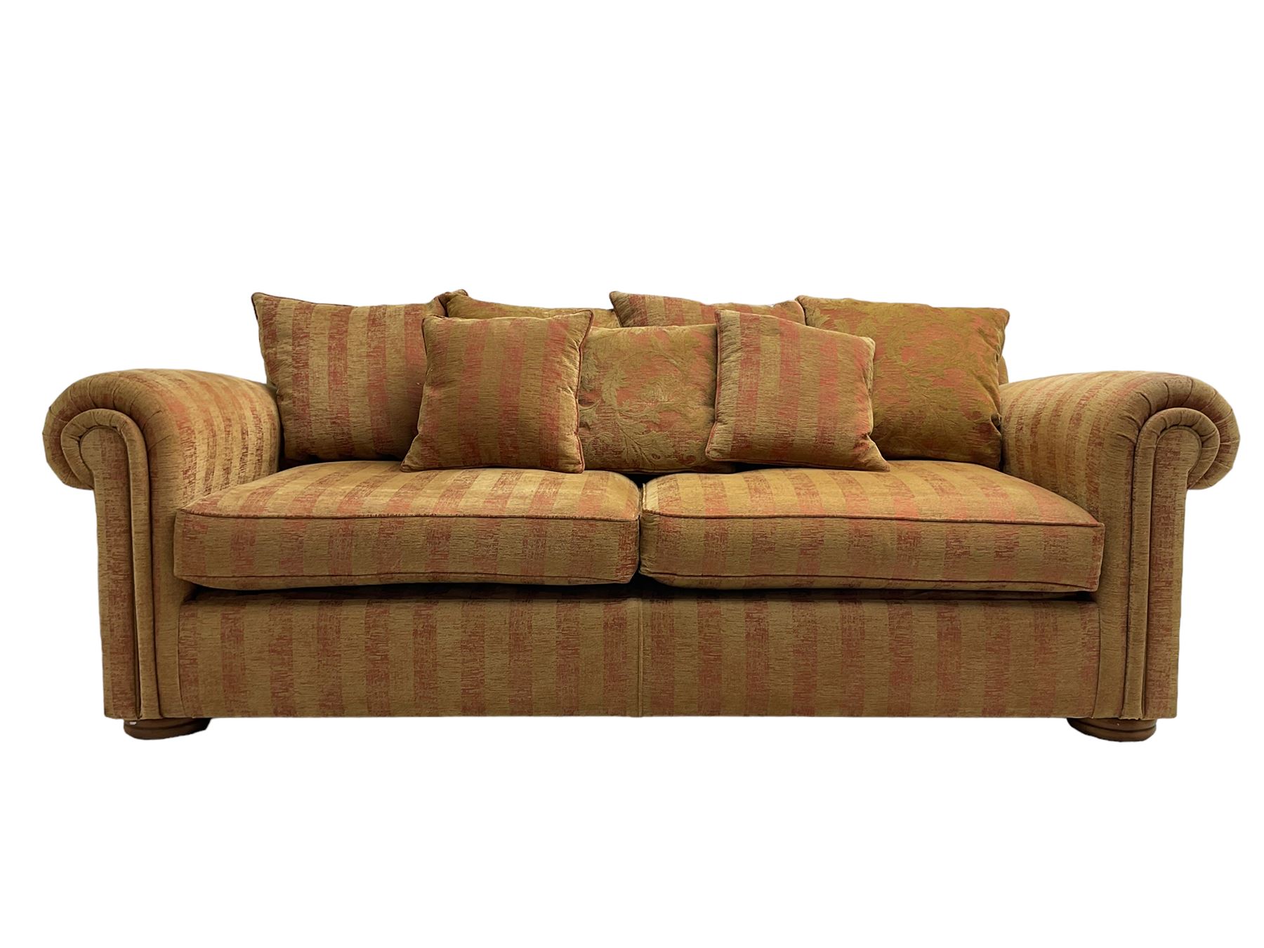 Duresta - 'Waldorf' sofa bed, traditional shape with rolled arms upholstered in red and gold striped fabric, together with scatter cushions upholstered in foliage pattern fabric