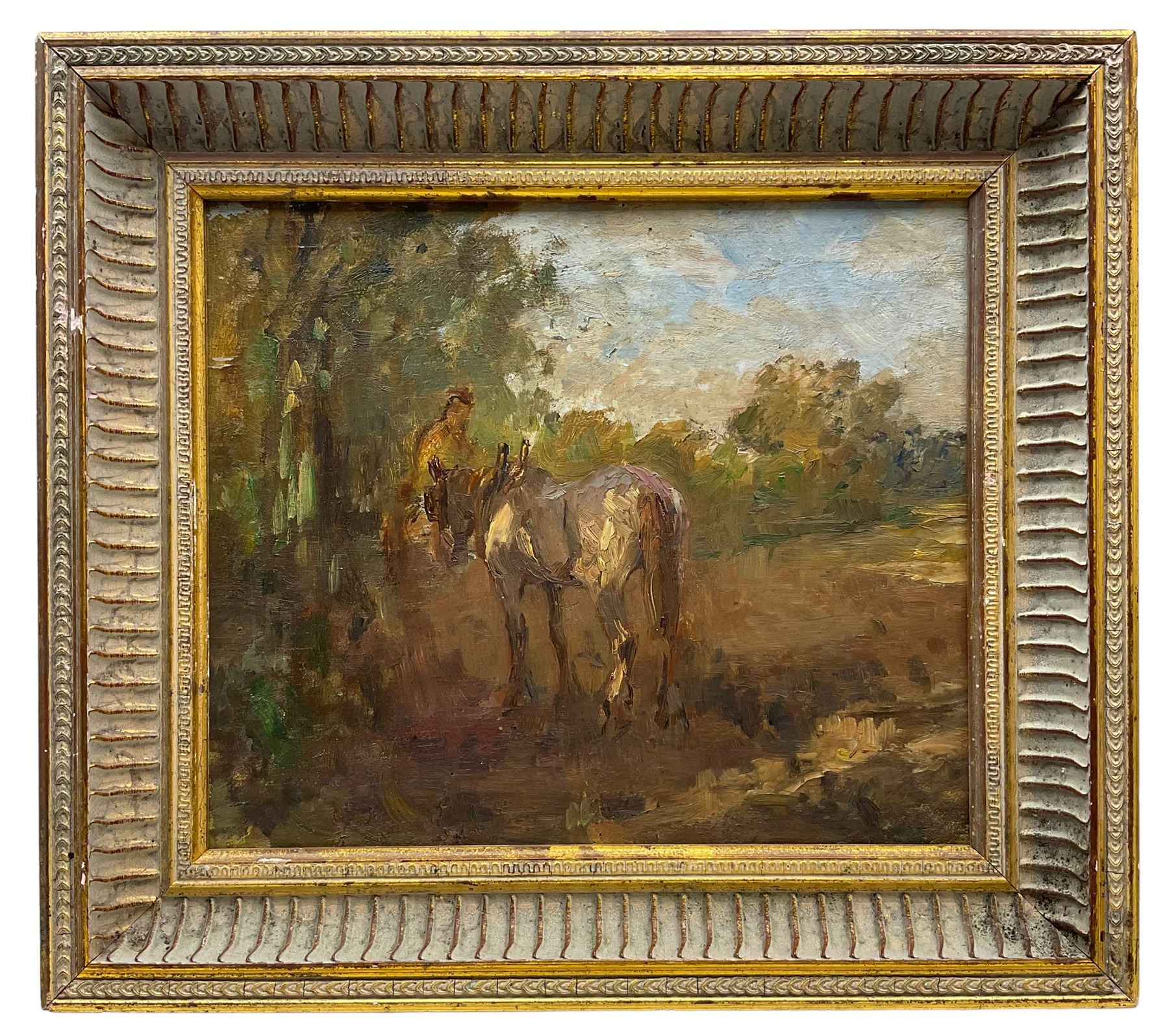 Circle of Arthur Spooner (British 1873-1962): Figure with Horse in Field, oil on panel unsigned, attributed verso 30cm x 35cm