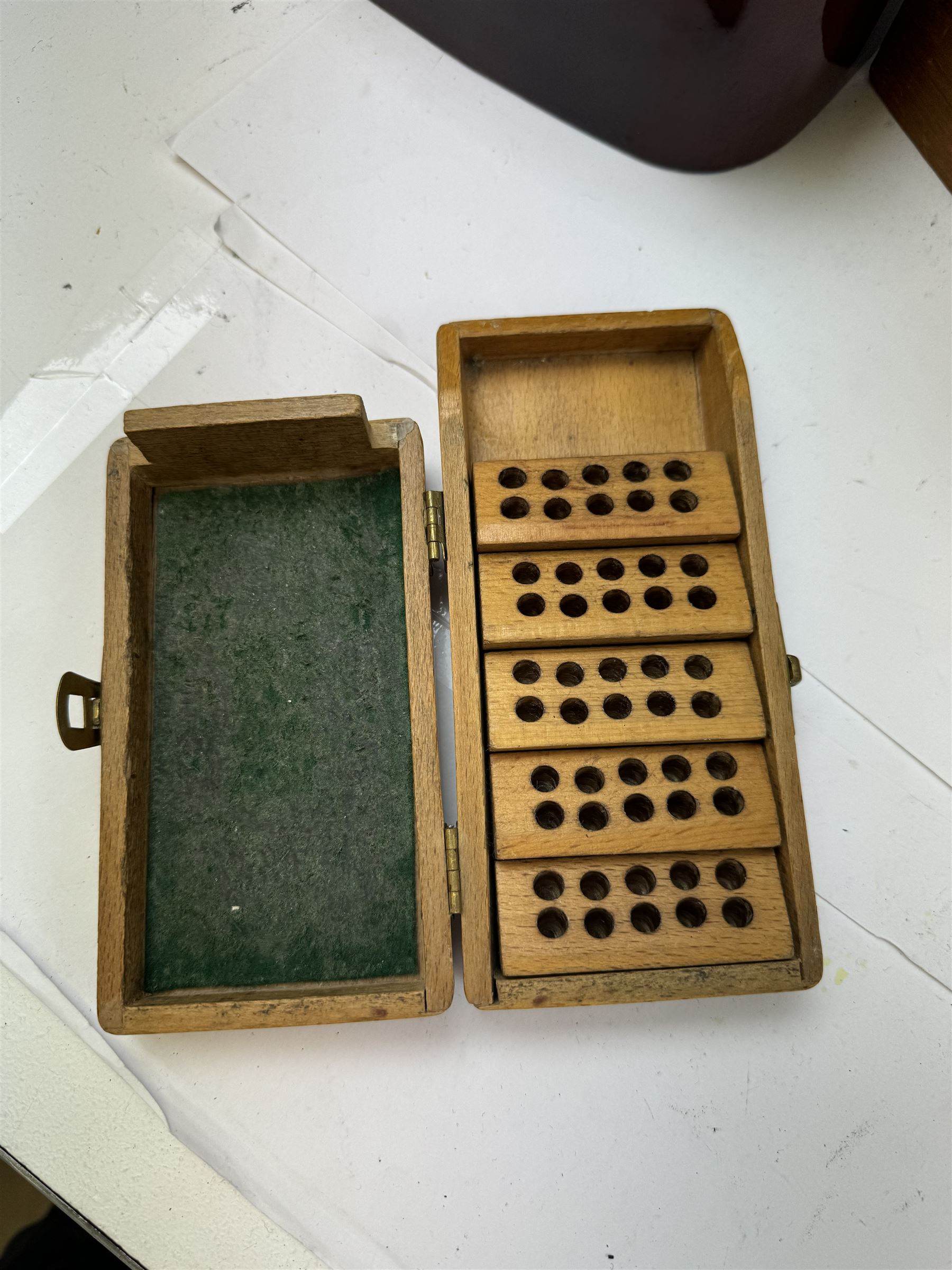 Group of wooden boxes and tins, including oak two compartment cigarette box, money tins, inlaid tea caddy, etc