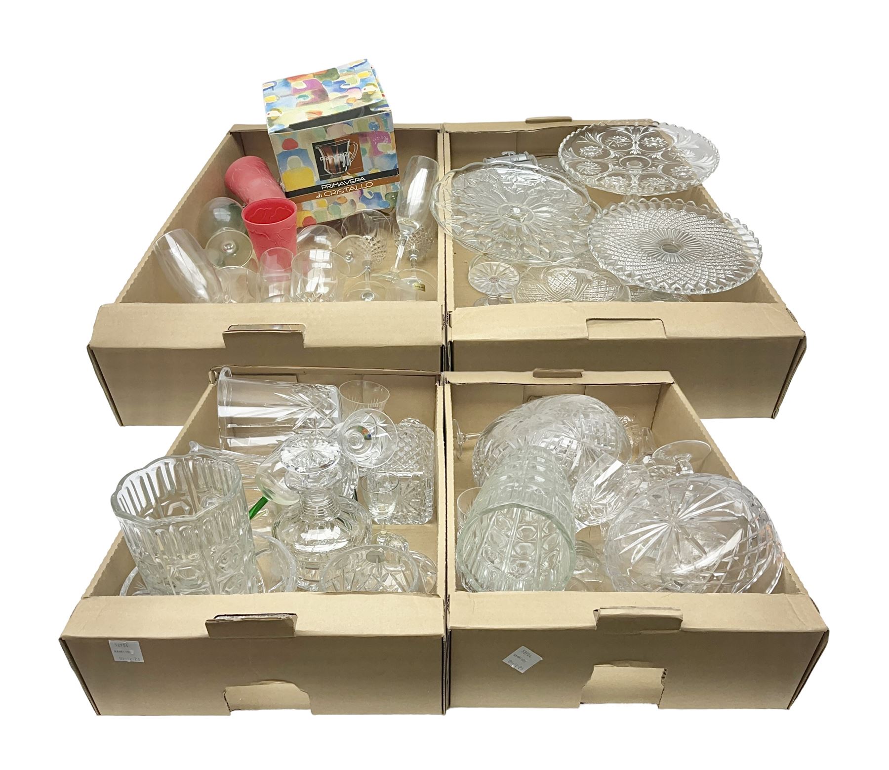 Cut crystal and glassware, including Stuart Crystal mushroom decanter, Elizabeth crystal vase, drinking glasses, tumblers, etc, in four boxes