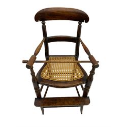 Victorian stained beech child's highchair, with cane seat on turned out spayed supports 
