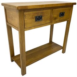 Light oak console table, rectangular top over two drawers, on rectangular supports united by under-tier