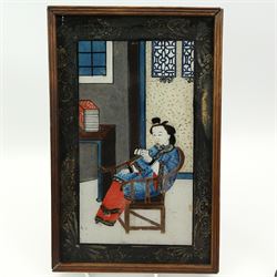 Chinese reverse painting on glass of an interior scene with figure reading 28cm x 17cm, Oriental black and gilt lacquer box W12cm and a metal brazier with Chinese masks on wooden base (3)