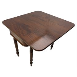 19th century mahogany tea table, fold-over swivel action rectangular top with rounded corners, figured frieze with stepped lozenge mounts, on turned supports