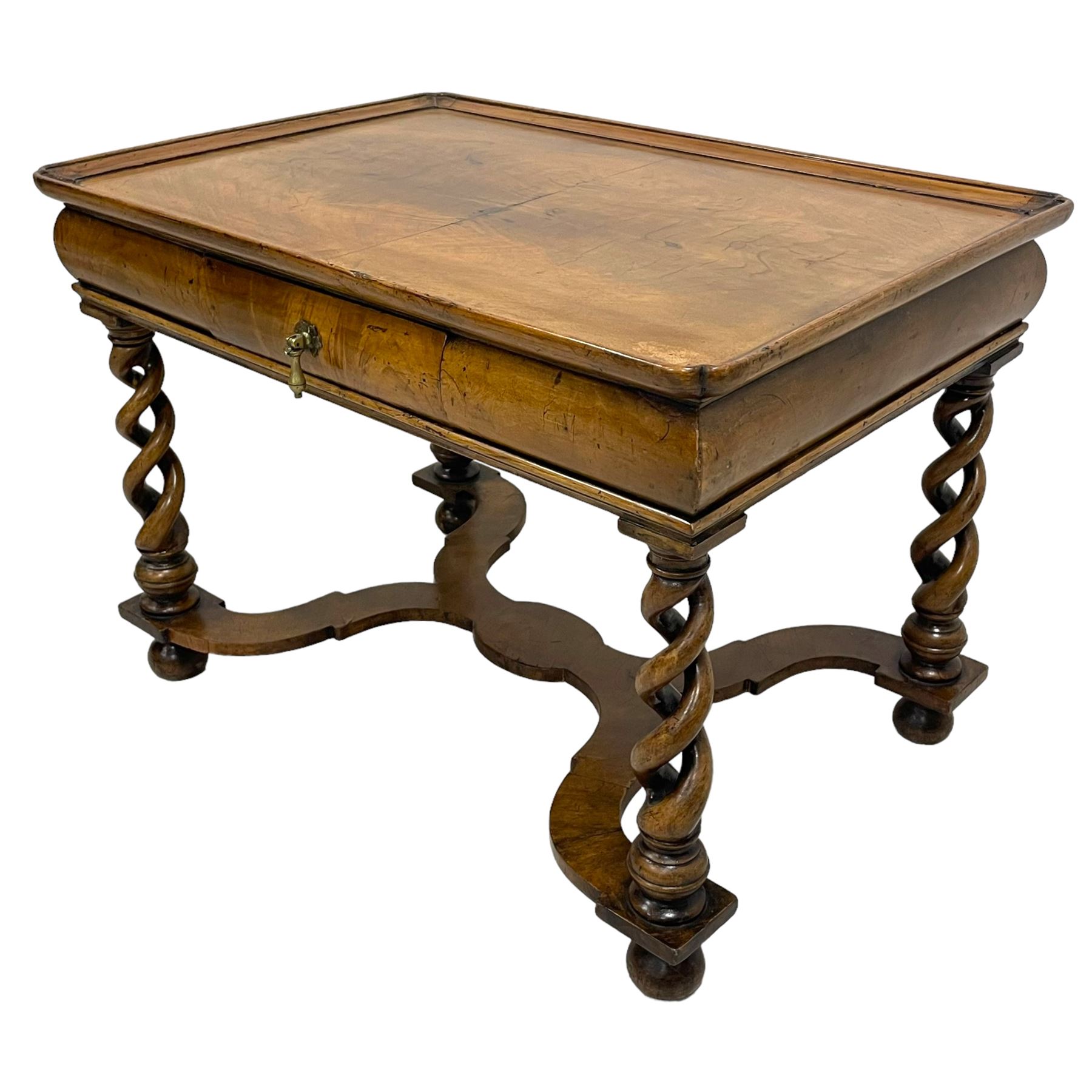 19th century William and Mary design figured walnut lamp or side table, rectangular tray top, cushion frieze fitted with single drawer, raised on open spiral turned supports united by curved x-frame stretcher, on bun feet