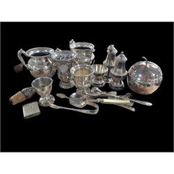 Collection of silver plate, including milk jug, sugar bowl, flatware, cruet set, etc