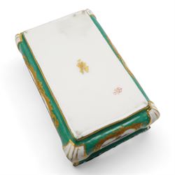 19th century porcelain and gilt brass mounted casket, of waisted rectangular form, the hinged cover painted with Georgiana, Duchess of Devonshire and her child Georgina Dorothy Cavendish, after Sir Joshua Reynolds, within a gilt border on green ground, the sides painted with panels of landscapes within acanthus moulded corners, Derby mark beneath, L14cm x H6cm