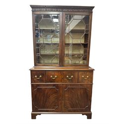 George III mahogany bookcase secretaire, dentil cornice over blind fret work frieze, enclo...