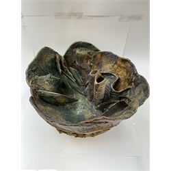 Peter Hough (British Contemporary): slab built stoneware sculptural bowl, of abstract floral design with applied and incised decoration throughout, H21cm, D37cm