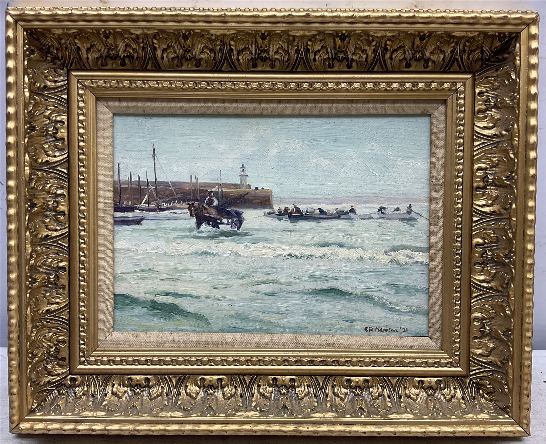 Charles Redford Merrison (British 1879-1964): 'Unloading the Catch - St Ives', oil on board signed and dated '21, 17cm x 24cm