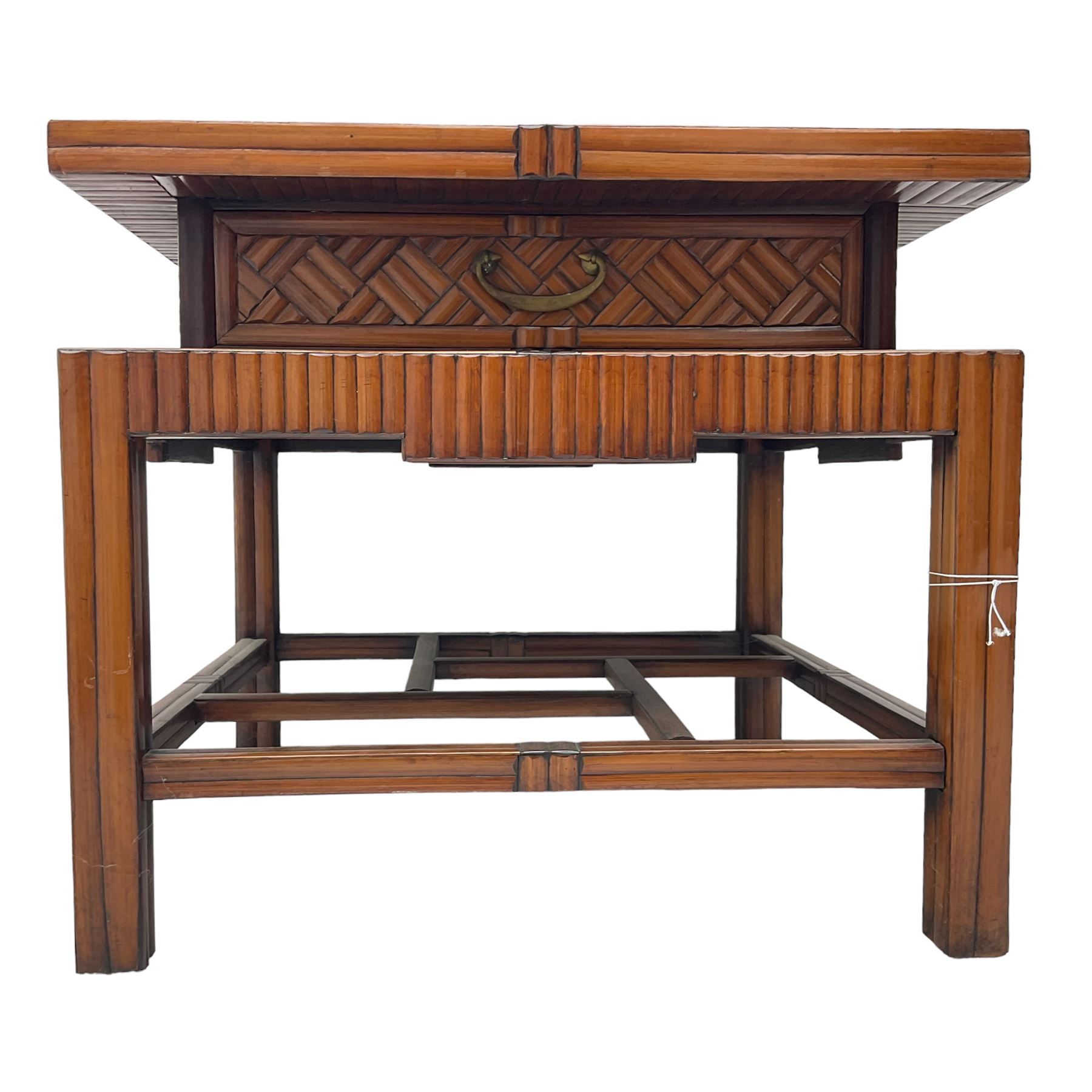 Chinese design bamboo and wood coffee table, parquetry lattice-work bamboo, on square supports joined by a series of geometric stretchers