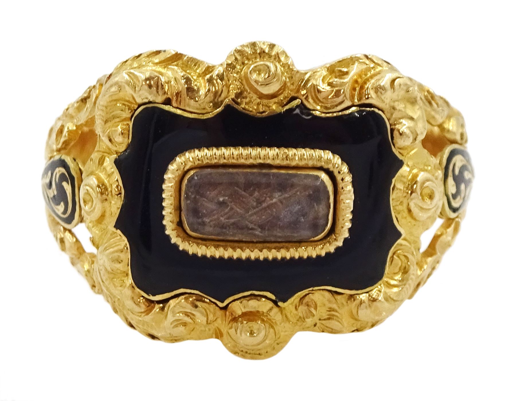 George IV 18ct gold black enamel and glazed mourning ring, the setting and shank with foliate decoration, London 1825, 