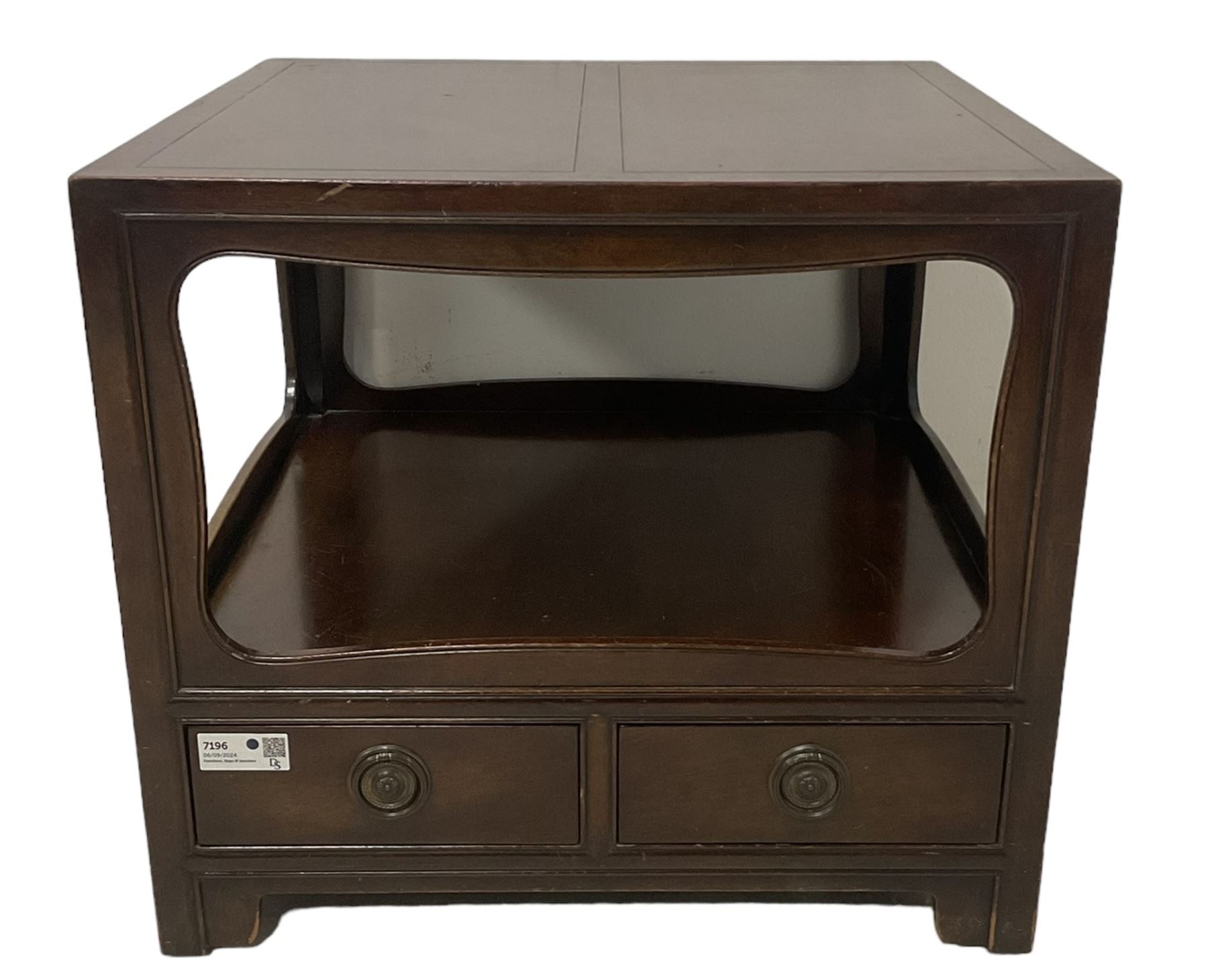 Pair of Chinese 20th century lacquered hardwood two-tier lamp tables, fitted with two drawers to base