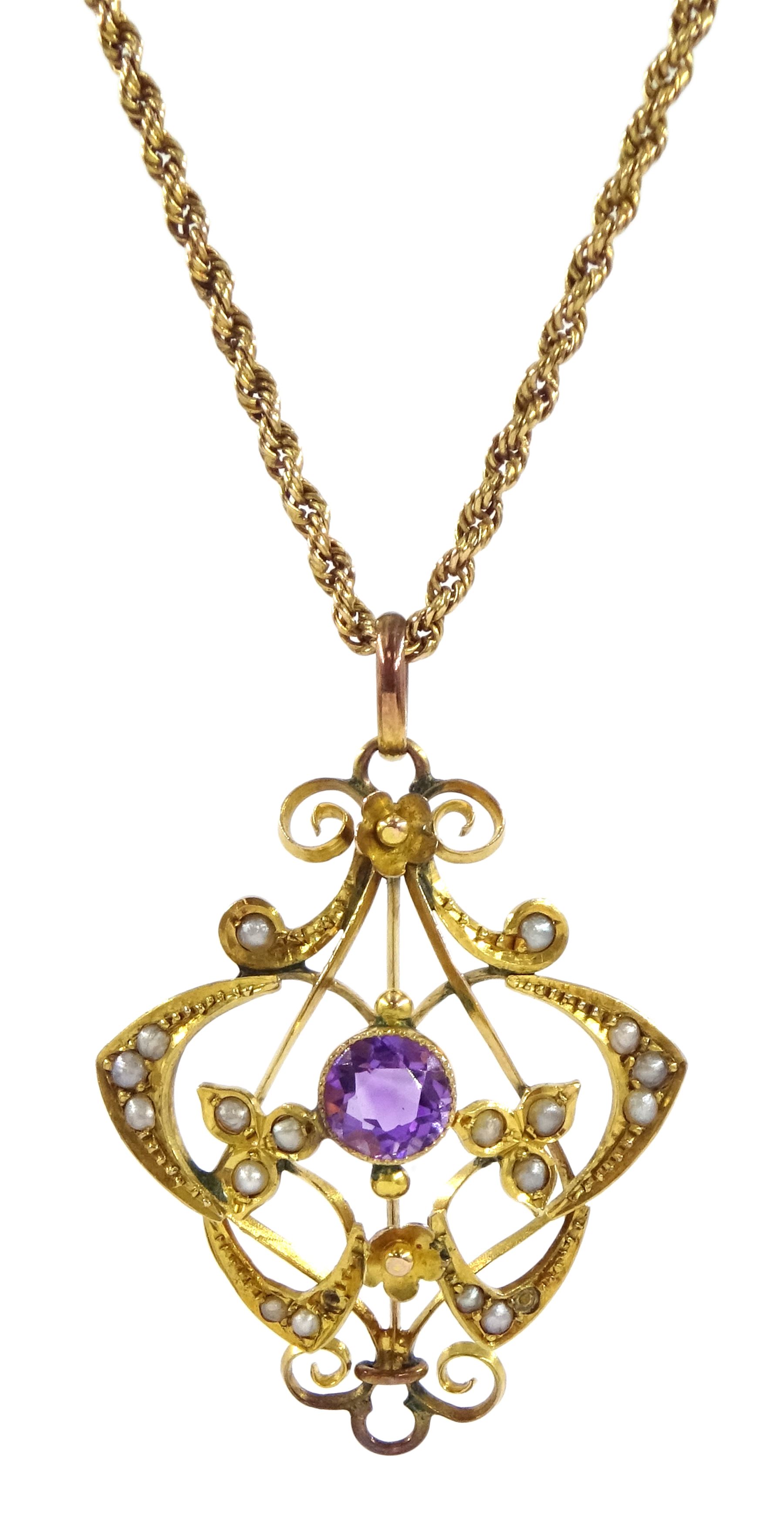 Edwardian 9ct gold seed pearl pendant, stamped 9ct, on 18ct gold rope twist link necklace