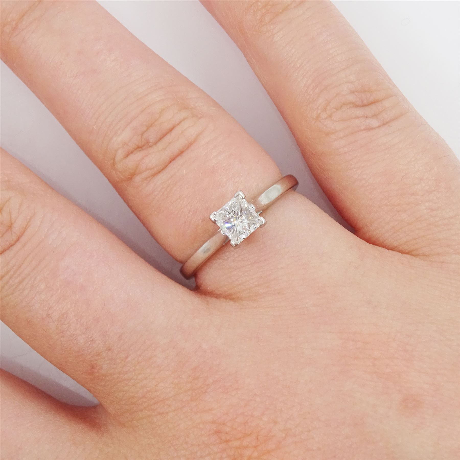 Platinum single stone square modified brilliant cut diamond ring by Hugh Rice, Sheffield 2014, diamond 0.50 carat, GIA report check: colour G, clarity VS1