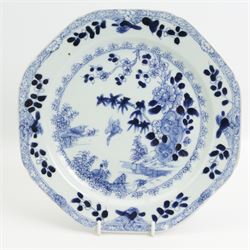 Pair of 18th century Chinese Export octagonal form blue and white plates, together with a similar plate, centrally decorated in polychrome enamels with a landscape scene, W22cm (3)