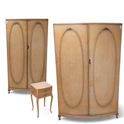 Early 20th century bleached walnut bedroom suite - large double wardrobe (W123cm, H189cm, D64cm); smaller double wardrobe (W92cm, H177cm, D55cm); dressing table (W116cm, H153cm, D61cm); and bedside (W37cm, H69cm, D33cm), with stool 