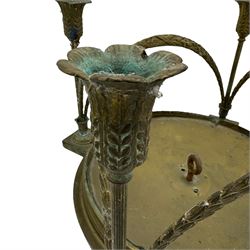 Pair of early 20th century brass plafonniers or ceiling lights, each of circular form with four sconces, joined by four leafy swags, lacking glass shades, W41cm x H28cm approx. (2)