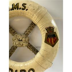 Late 19th/early 20th century ceremonial lifebuoy, from the Royal Navy light cruiser H.M.S Dido, the name painted in gilt lettering and with the ship's crest to either side, D74cm