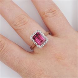 18ct white gold emerald cut tourmaline and round brilliant cut diamond cluster ring, hallmarked, tourmaline approx 2.45, total diamond weight approx 0.20 carat